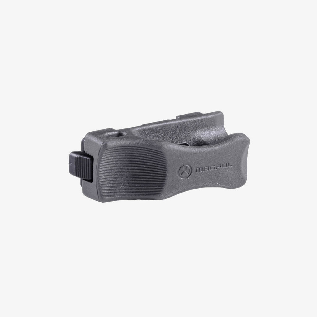 Black gun grip with a brand logo on a white background