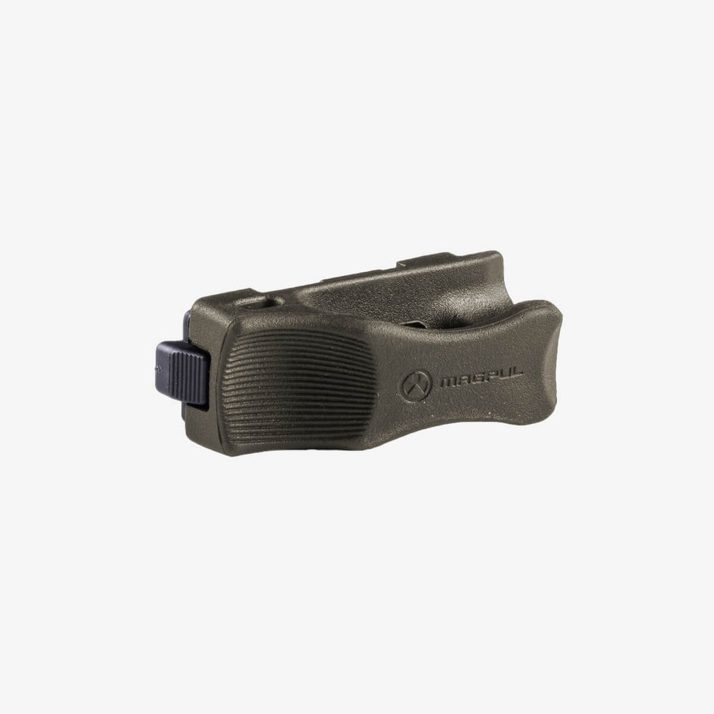 Black tactical gun grip on a white background