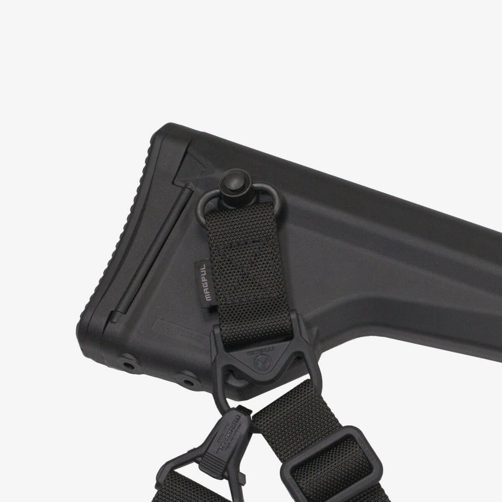 Black rifle stock with attached sling on a white background
