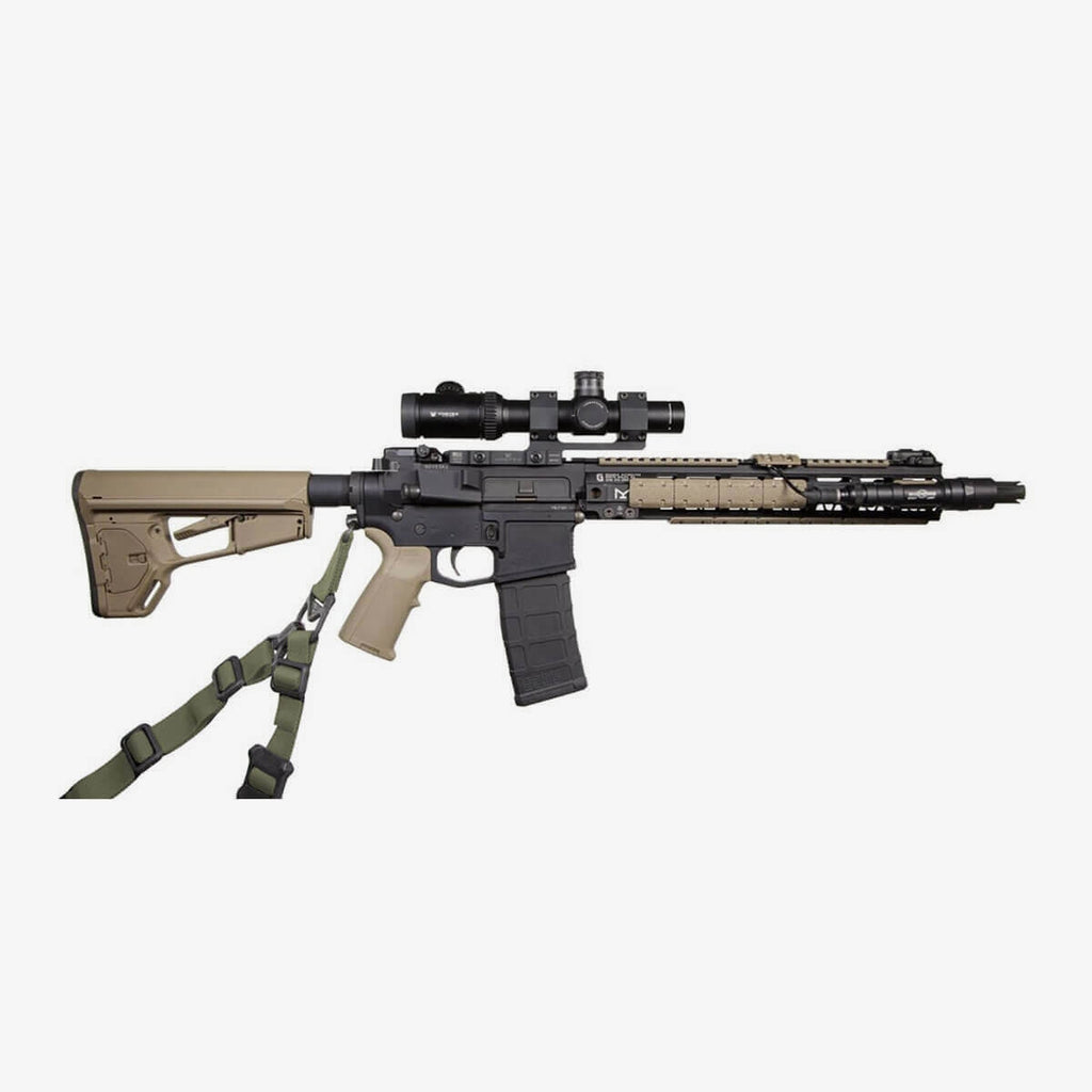 Rifle with scope and bipod on a white background