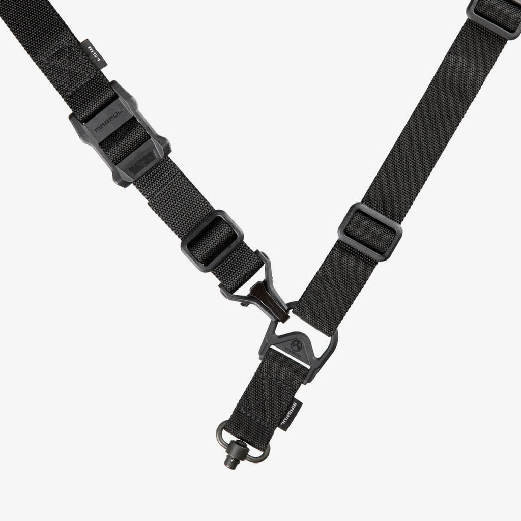 Black tactical sling strap on a white background