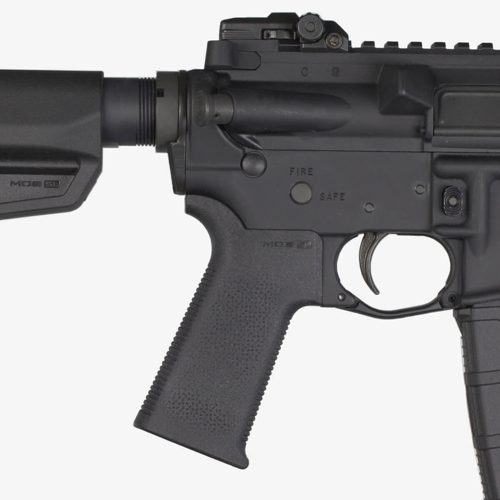 Black rifle with visible branding on a white background