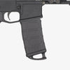 Close-up of a black firearm on a white background
