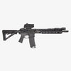 Black rifle with attached scope on a white background