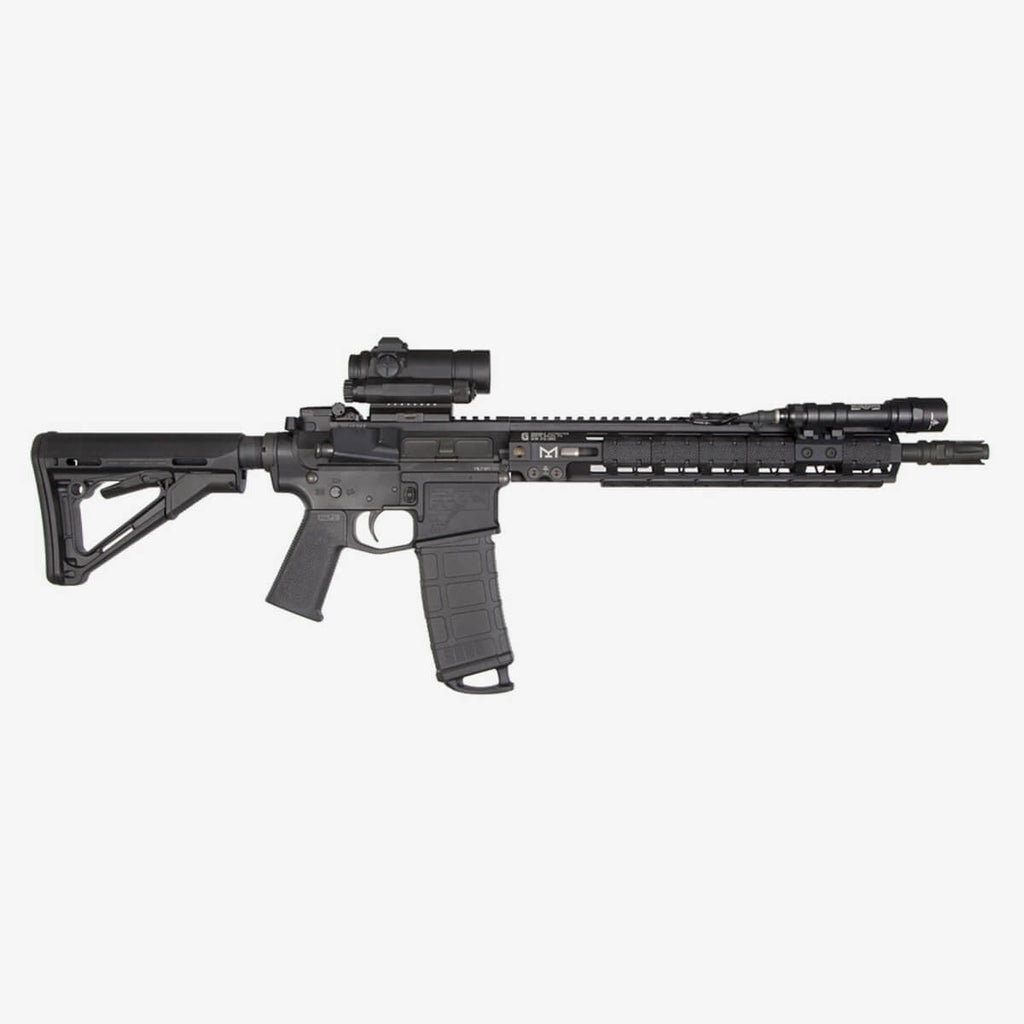 Black rifle with attached scope on a white background
