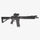 Black rifle with attached scope on a white background