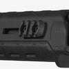 Close-up of a black rifle stock with a rail mount on a white background