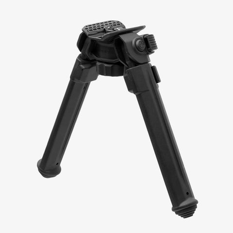Black adjustable rifle bipod on a white background