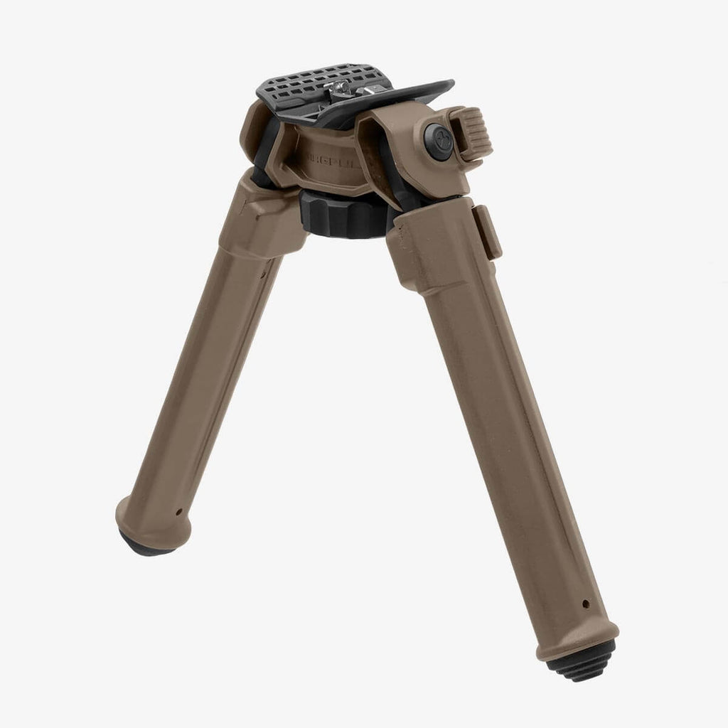 Brown adjustable rifle bipod on a white background