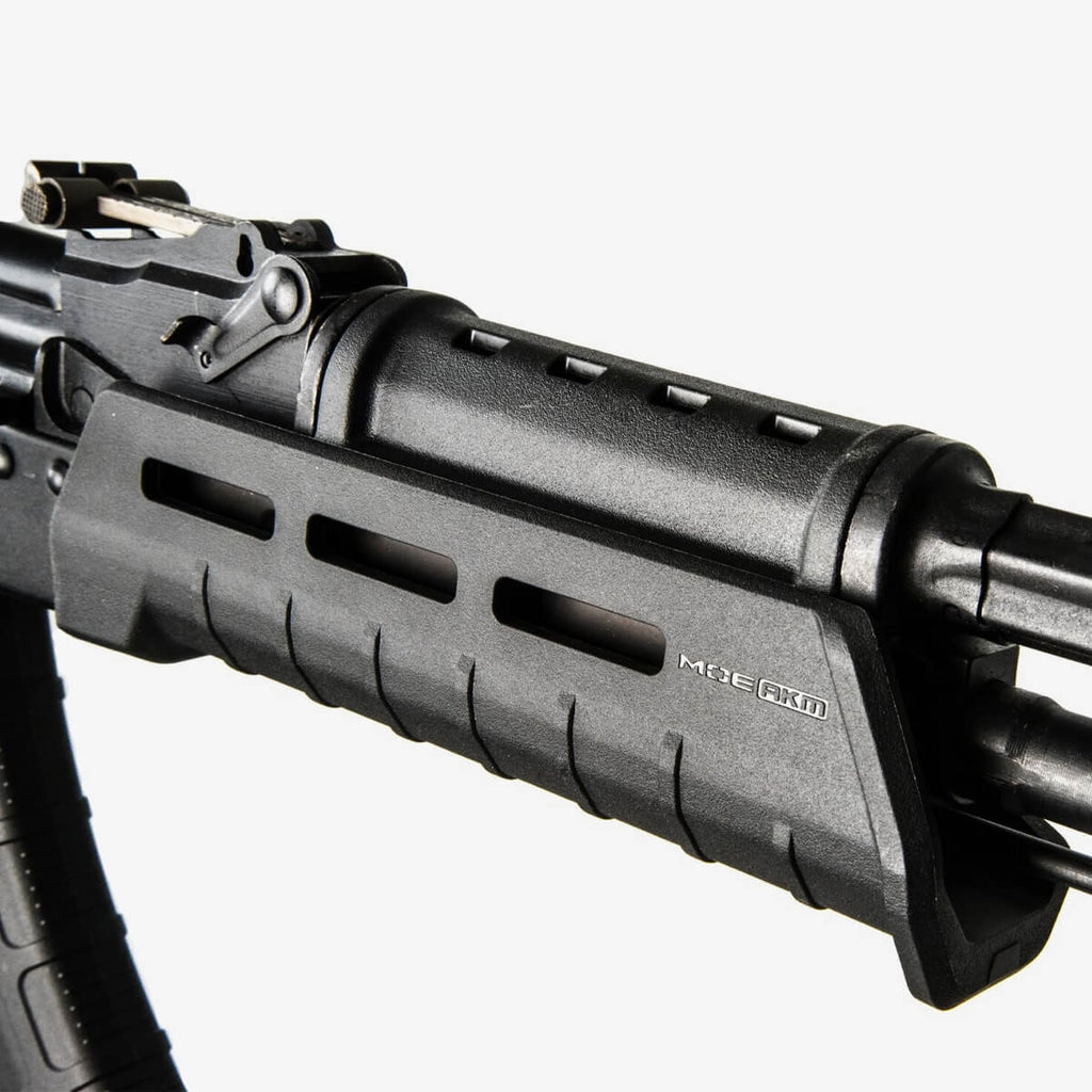Close-up of a black rifle with 'M3E Arm' branding on a white background