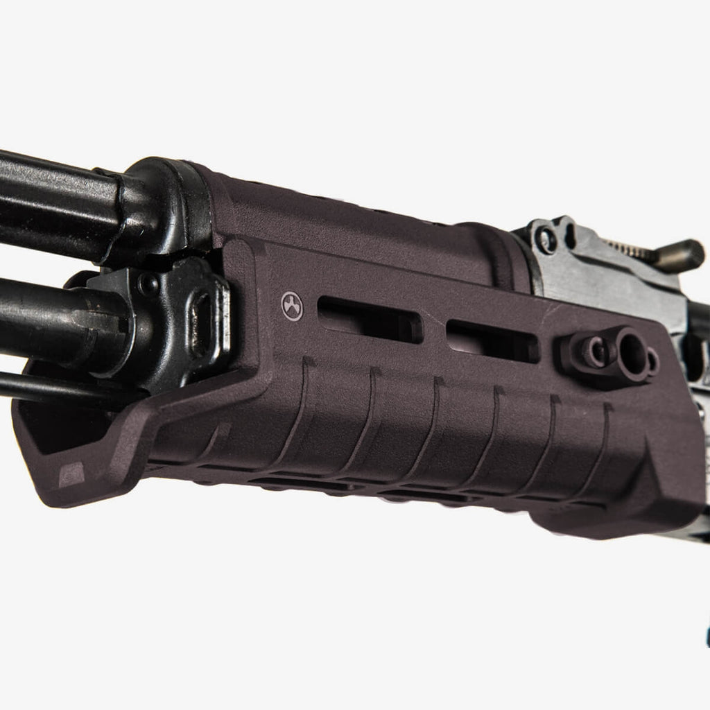 Close-up of a black rifle stock on a white background