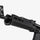 Close-up of a black rifle with a scope on a white background