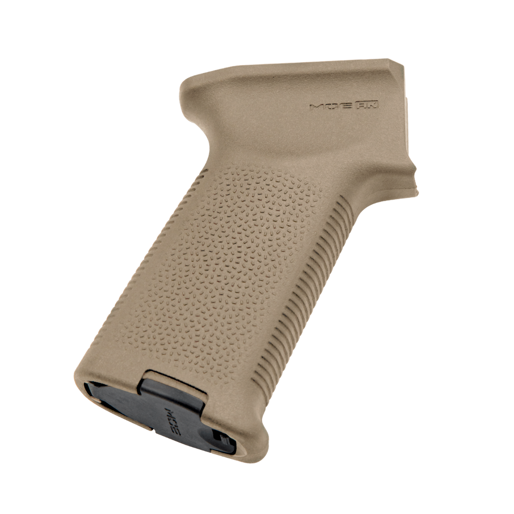 Tan gun grip with text on a white background