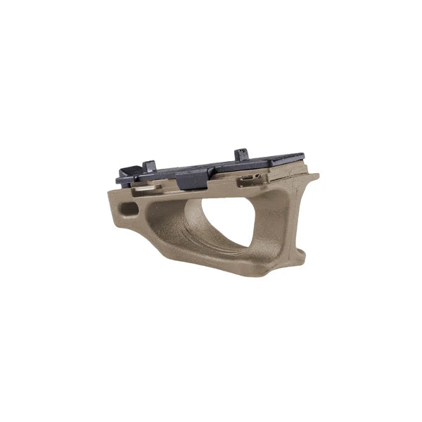 Tan and black firearm part on a white background