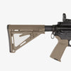Rifle with a tan stock and black receiver on a white background