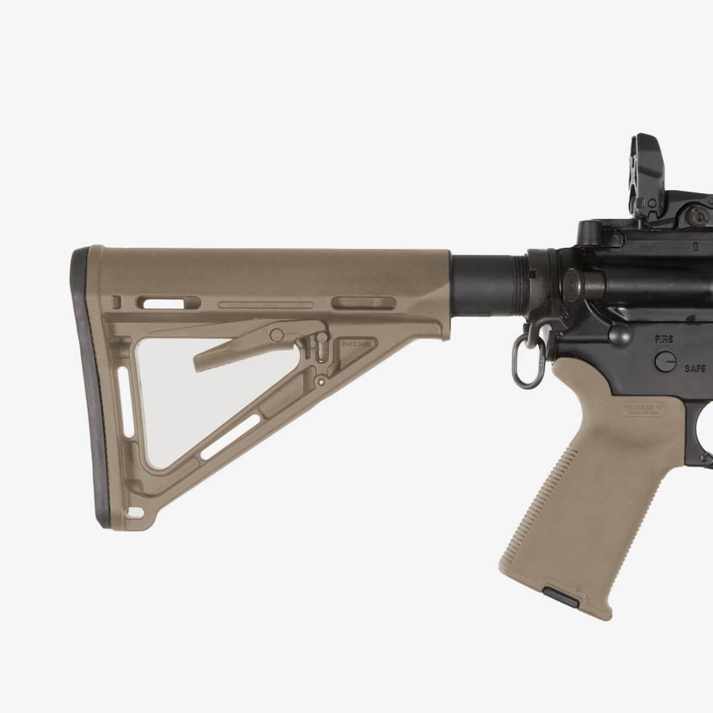 Rifle with a tan stock and black receiver on a white background