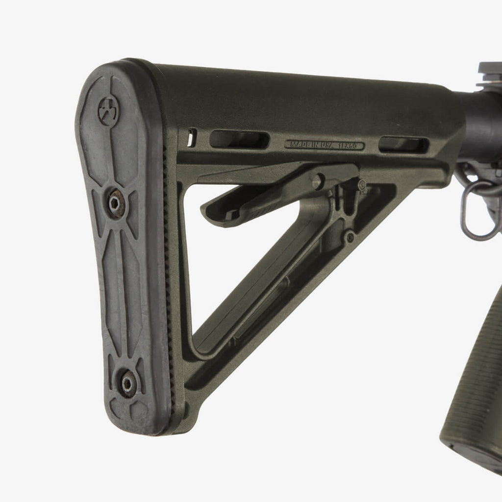 Close-up of a rifle stock on a white background