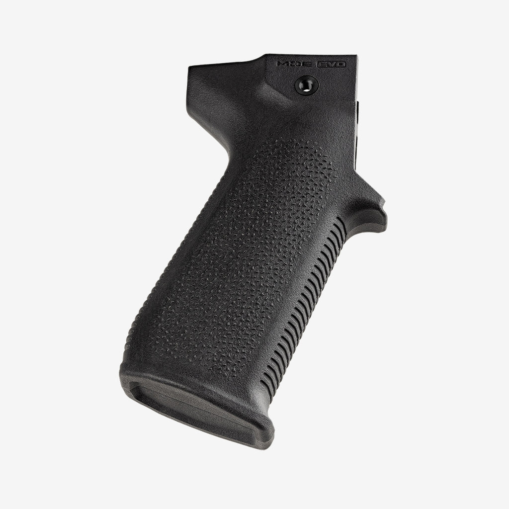 Black textured gun grip on a white background