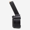 Black magazine for a firearm on a white background