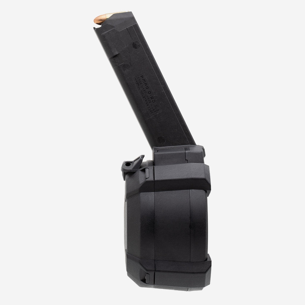 Black magazine for a firearm on a white background
