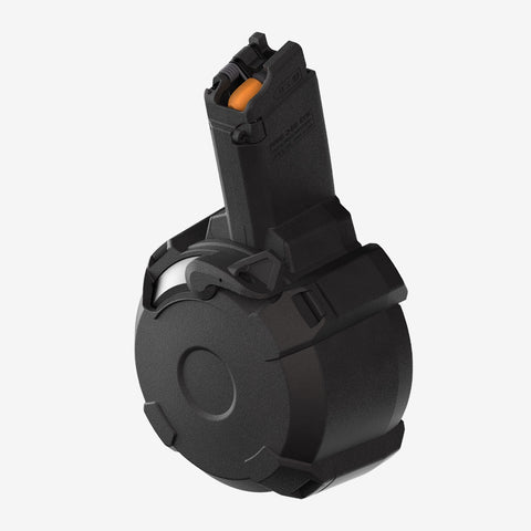 Black magazine for a firearm on a white background
