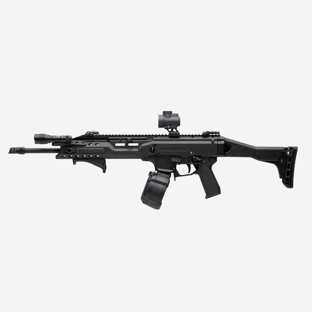 Black rifle with scope on a white background