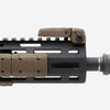 Close-up of a rifle barrel with brown grip and black metal on a white background
