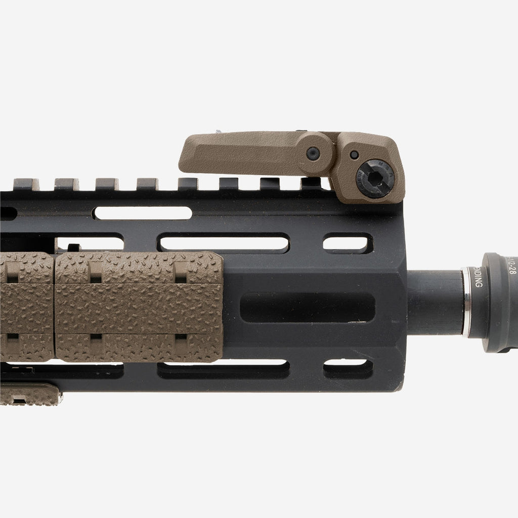 Close-up of a rifle barrel with brown grip and black metal on a white background