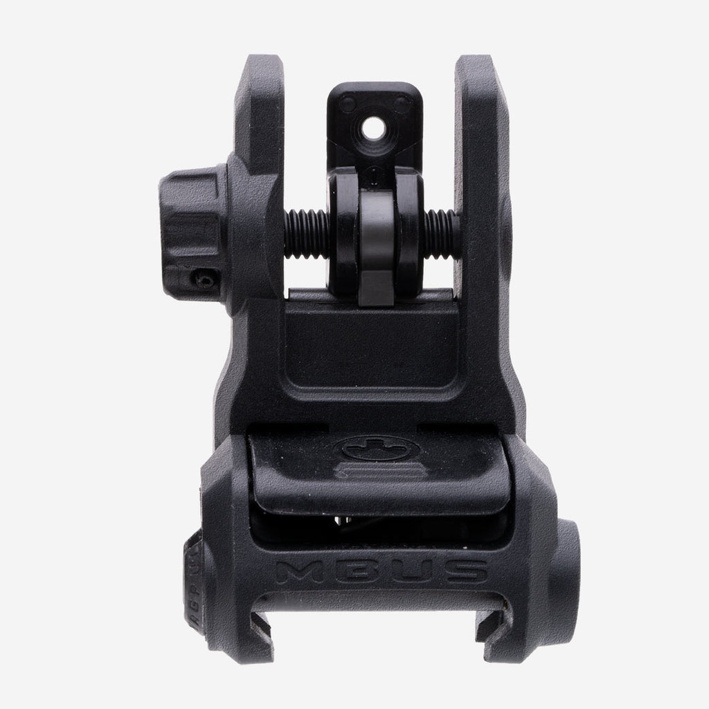 Black adjustable rifle sight on a white background