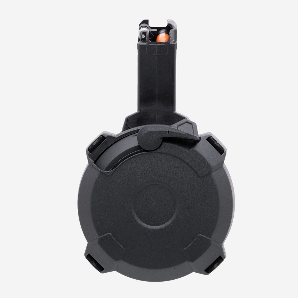 Black firearm magazine on a white background