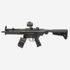 Black rifle with attached scope on a white background