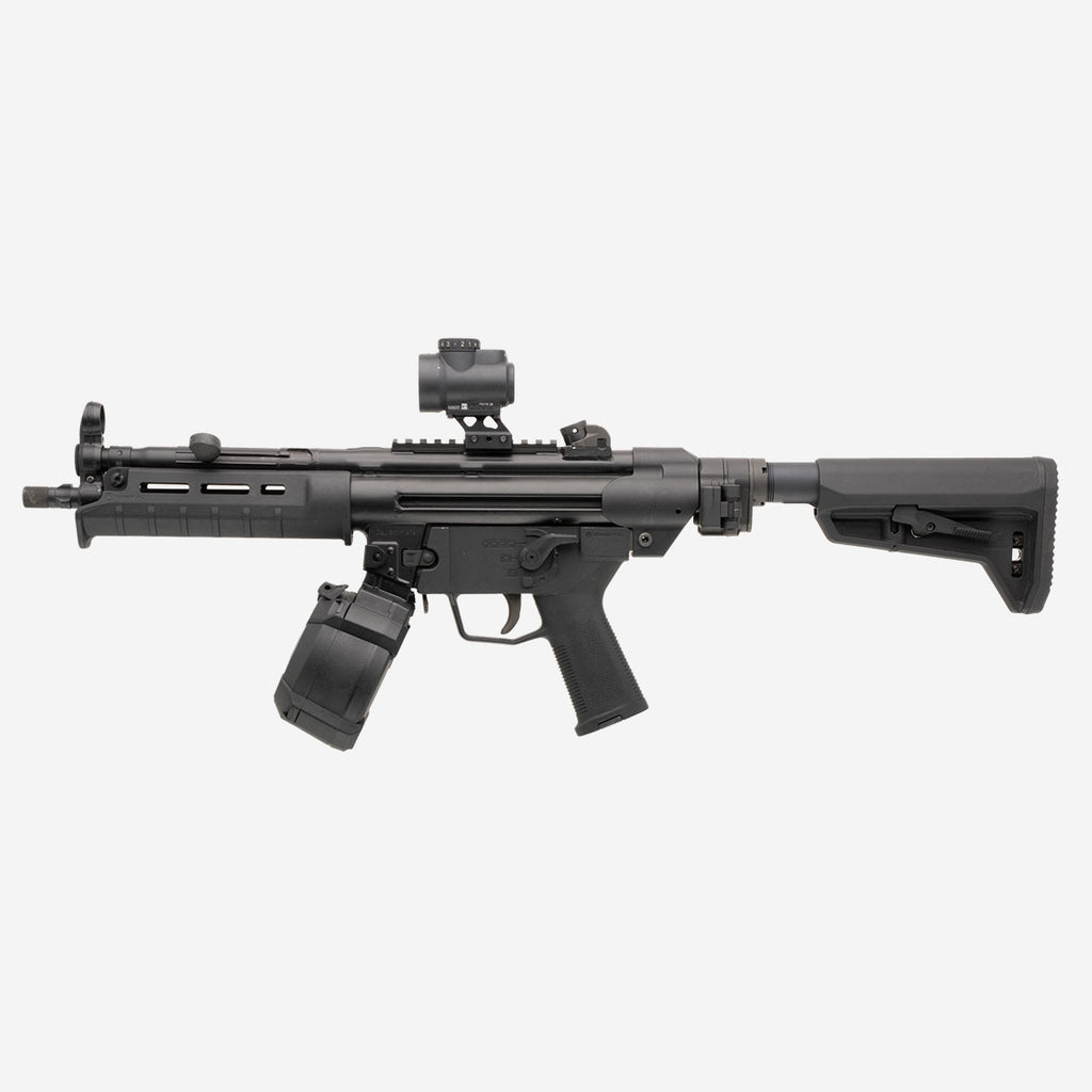Black rifle with attached scope on a white background