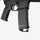 Close-up of a black rifle with 'Magpul' branding on a white background