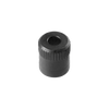 Black cylindrical object with textured surface on a white background