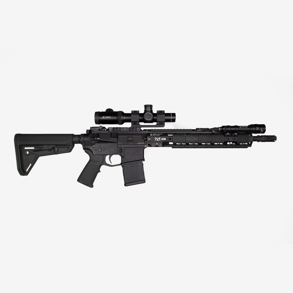 Black rifle with scope on a white background