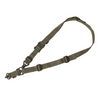 Olive green rifle sling with metal hardware on a white background