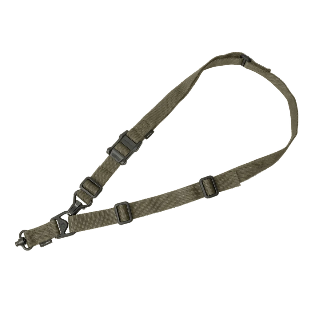 Olive green rifle sling with metal hardware on a white background