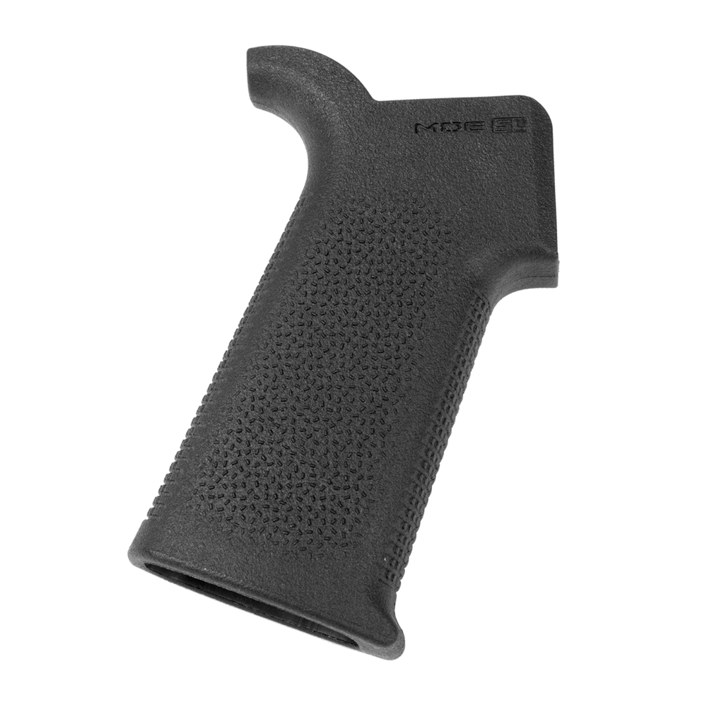 Black textured gun grip on a white background