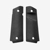 Two black textured gun grips on a white background