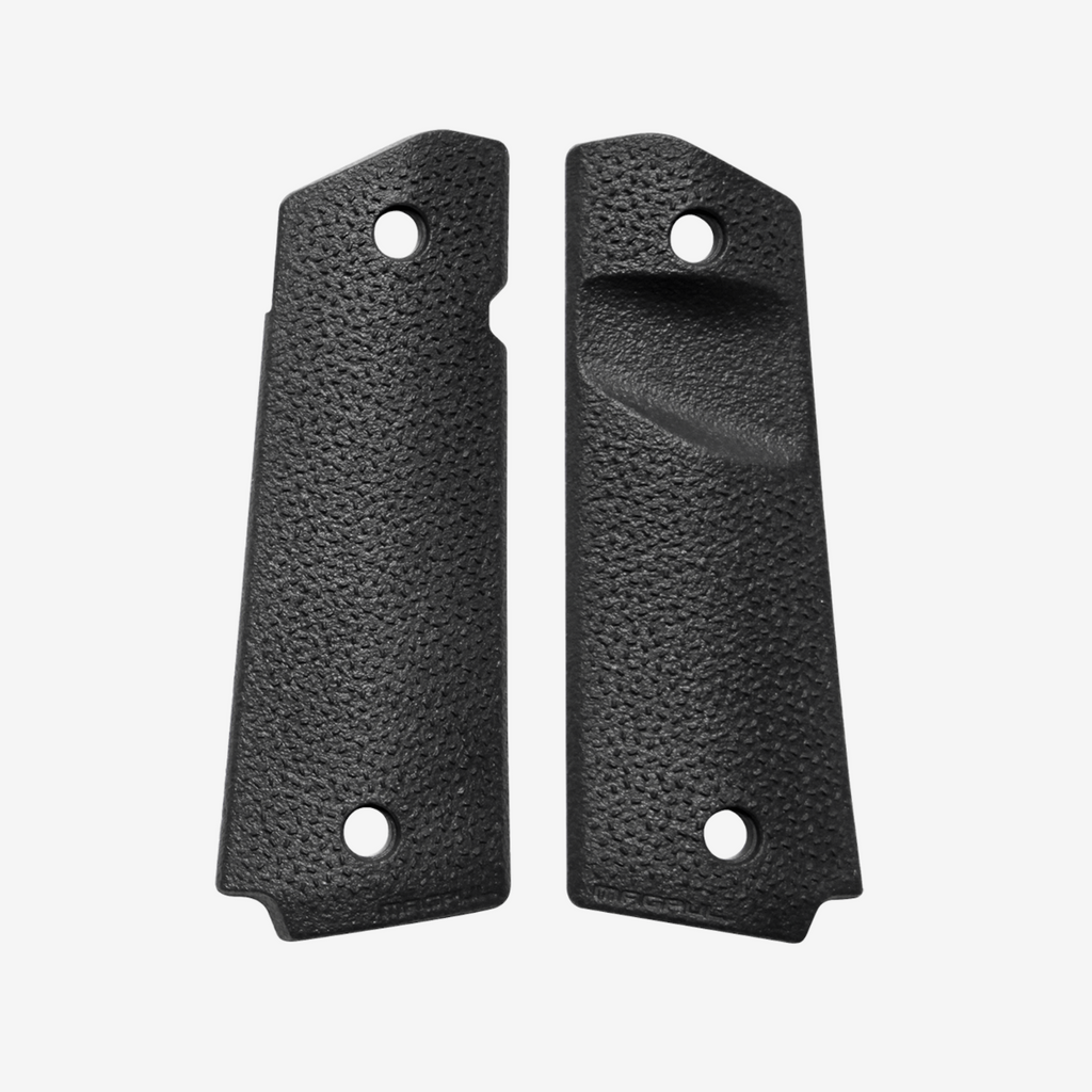 Two black textured gun grips on a white background