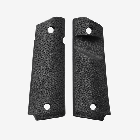 Two black textured gun grips on a white background