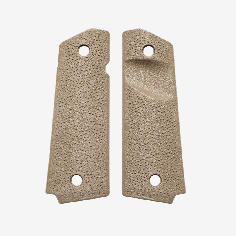 Pair of beige textured gun grips on a white background