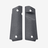 Two black textured gun grips on a white background
