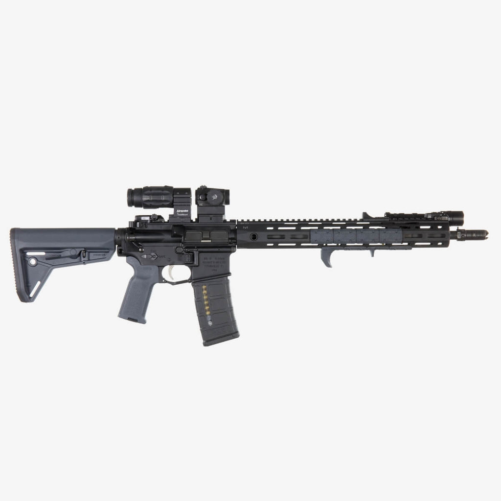 Black rifle with scope on a white background