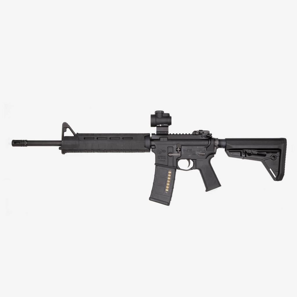 Black rifle with scope on a white background