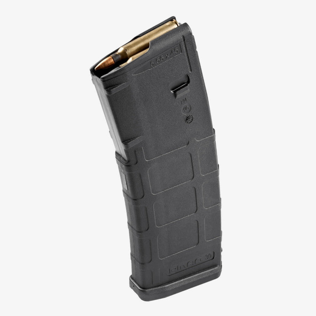 Black rifle magazine with ammunition on a white background