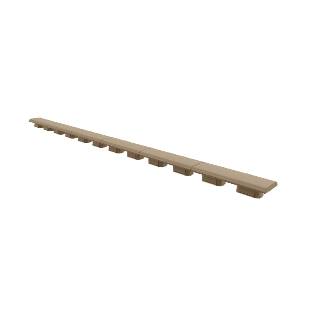 Long, narrow wooden shelf on a white background