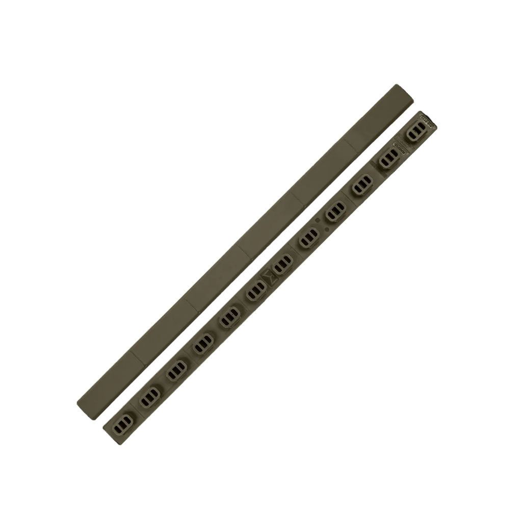 Two long, thin metal strips with multiple holes on a white background