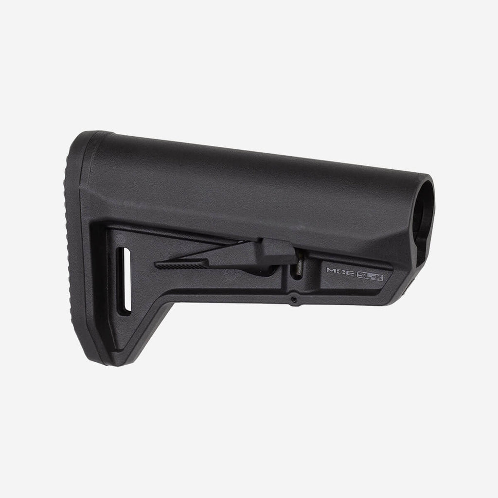 Black rifle stock with 'MCMR' branding on a white background