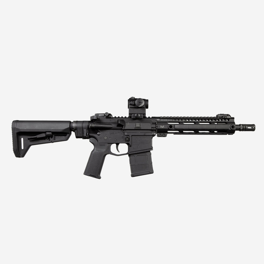 Black rifle with scope on a white background